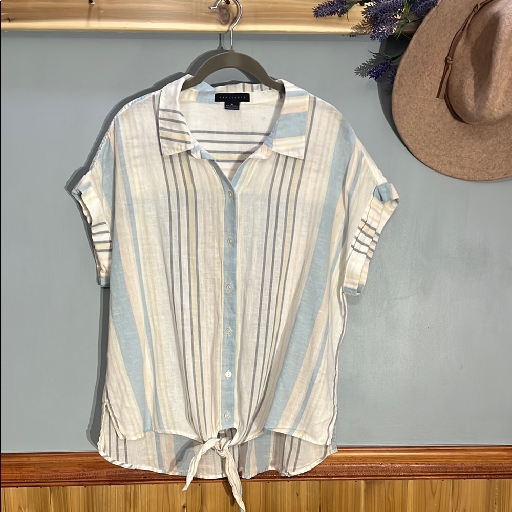 Striped Cotton/Linen Button-Up with Tie Knot